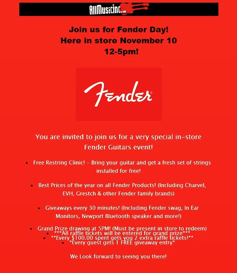 Join us for Fender Guitar Day! Here in store November 10, 2018 12pm-5p ...